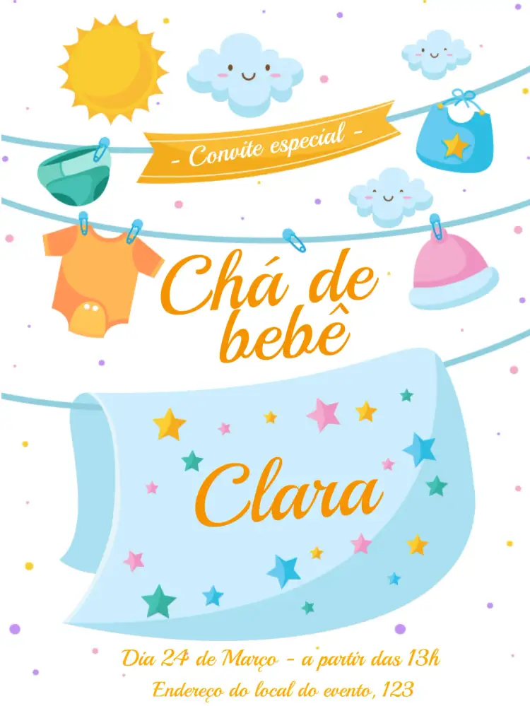 Convite Chá De Bebê Família – tema Chá Revelação azul, nuvens, varal, infantil, divertido, confraternização