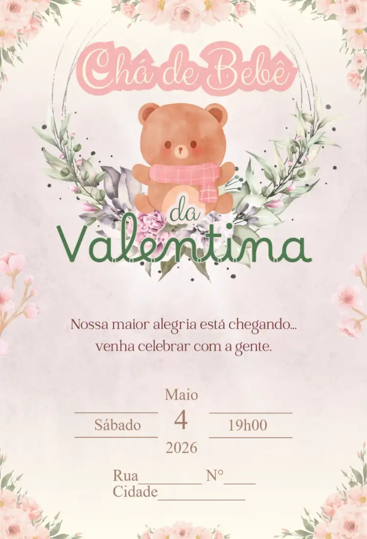 Convite Chá de bebe - Floral – tema Chá de Fraldas floral, pastel, romântico, delicado, infantil, alegre
