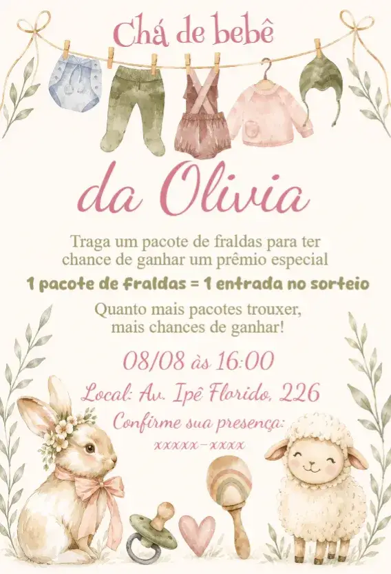 Convite Chá de bebê floral coelhinha – tema Chá de Fraldas floral, pastel, infantil, delicado, natureza