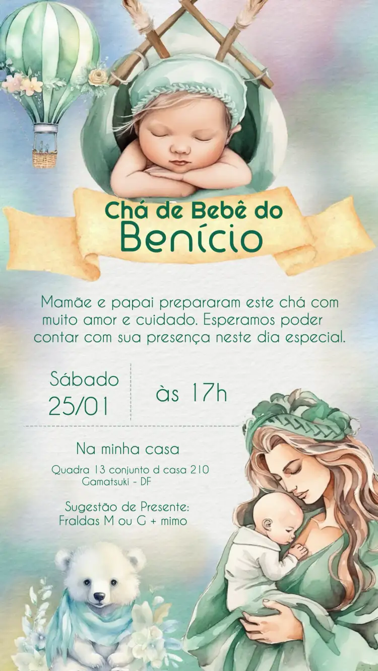 Convite Chá De Bebê Fraldas – tema Chá de Fraldas verde, aquarela, infantil, divertido, moderno