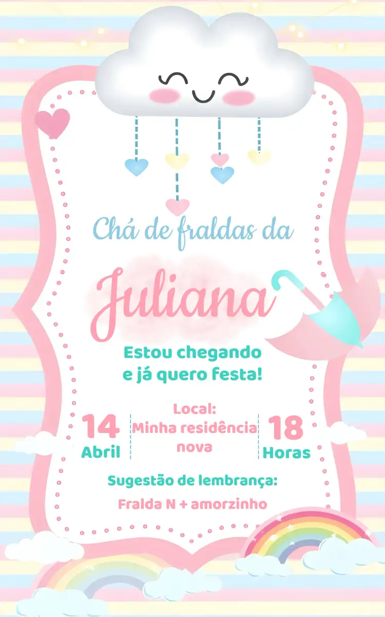 Convite Chá De Bebê - Fraldas Chuva Amor Rosa Arco – tema Chá de Fraldas rosa, colorido, delicado, infantil, fofo