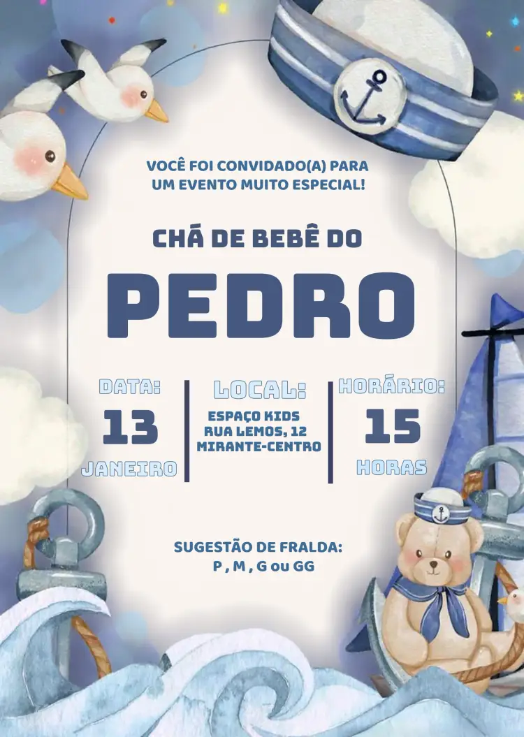 Convite Chá De Bebê Marinheiro Aquarela