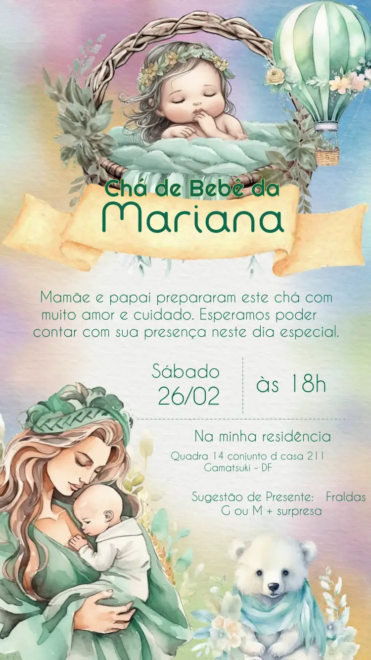 Convite Chá De Bebê Menina Fraldas – tema Chá de Fraldas aquarela, verde, lúdico, suave, feminino, moderno