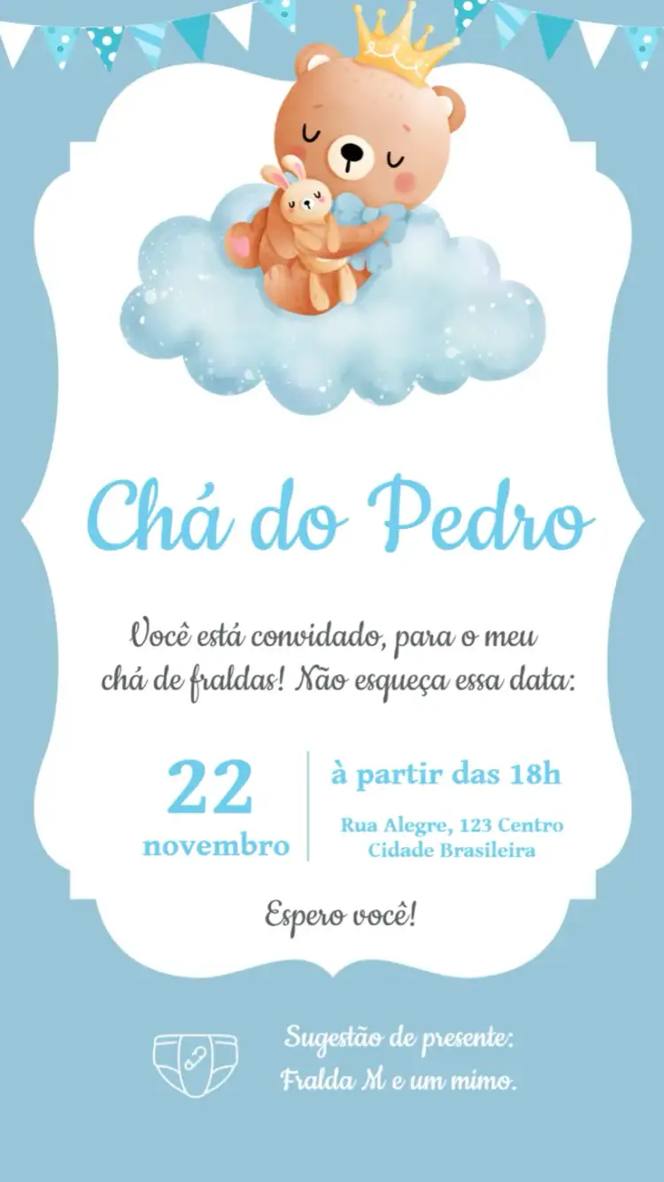 Convite Chá De Bebê Menino Azul Ursinho – tema Chá de Fraldas azul, ursinho, infantil, divertido, moderno, alegre