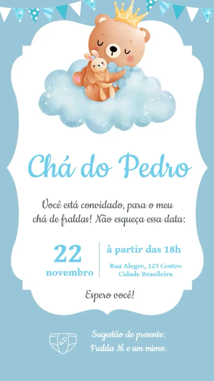 Convite Chá De Bebê Menino Azul Ursinho