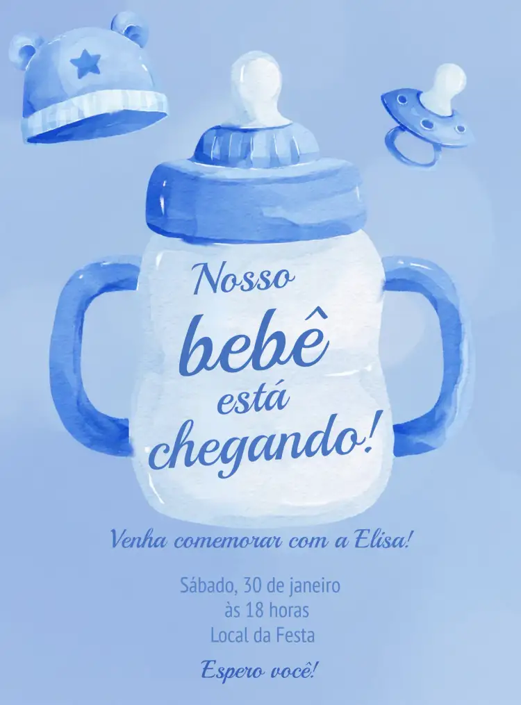 Convite Chá De Bebê Menino Mamadeira – tema Chá de Fraldas aquarela, azul, lúdico, infantil, moderno, divertido