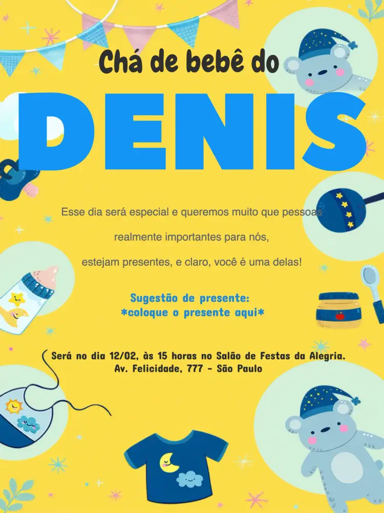 Convite Chá De Bebê Menino Neném – tema Chá de Fraldas azul, ursinho, lúdico, moderno, infantil
