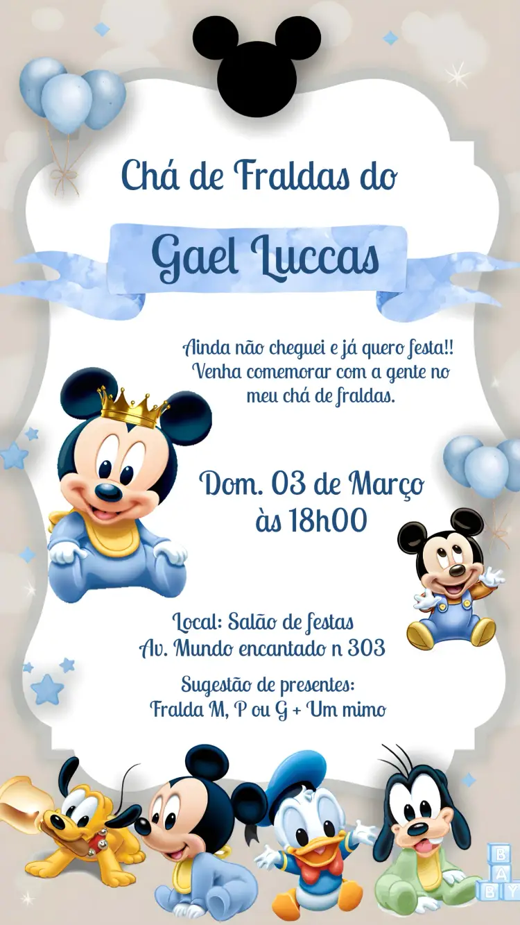 Convite Chá De Bebê Mickey Mouse Baby Azul
