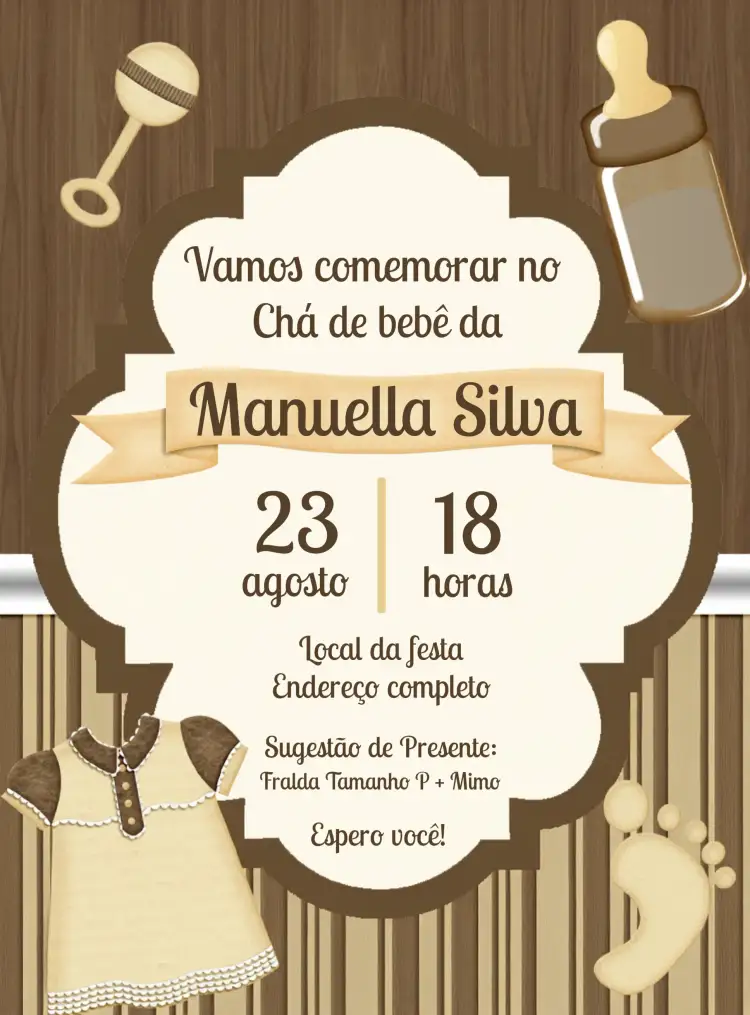 Convite Chá De Bebê Neném – tema Chá de Fraldas minimalista, moderno, feminino, rústico, neutro, fofo