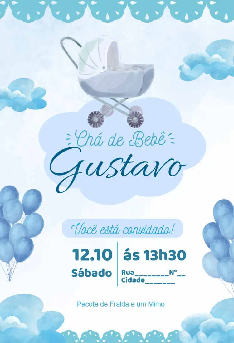 Convite Chá de bebe - nuvens – tema Chá de Fraldas nuvens, azul claro, branco, ilustrações infantis, estilo lúdico, design moderno