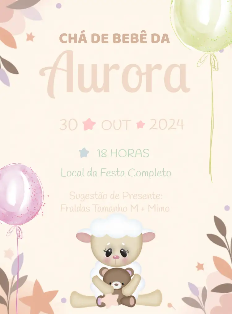 Convite Chá De Bebê Ovelhinha Neném – tema Chá de Fraldas delicado, rosa, infantil, fofo, animal, minimalista