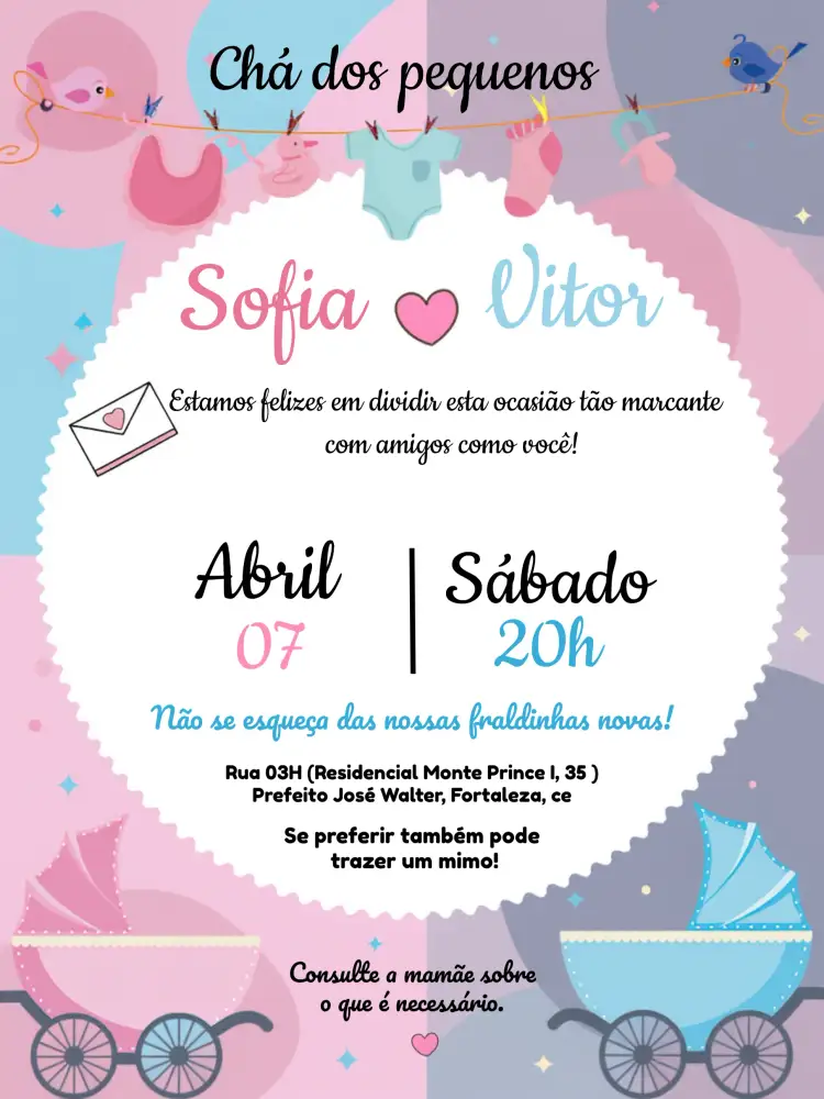 Convite Chá De Bebê Rosa E Azul Coração – tema Mais pesquisados rosa e azul, coração, passarinhos, frame delicado, ilustrações infantis, estilo moderno