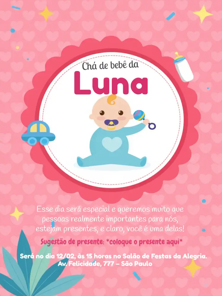 Convite Chá De Bebê Rosa - Menina Fraldas – tema Chá de Fraldas rosa, floral, infantil, delicado, moderno
