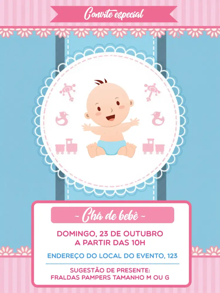 Convite Chá De Bebê Rosa Neném – tema Chá de Fraldas rosa, delicado, infantil, moderno, minimalista