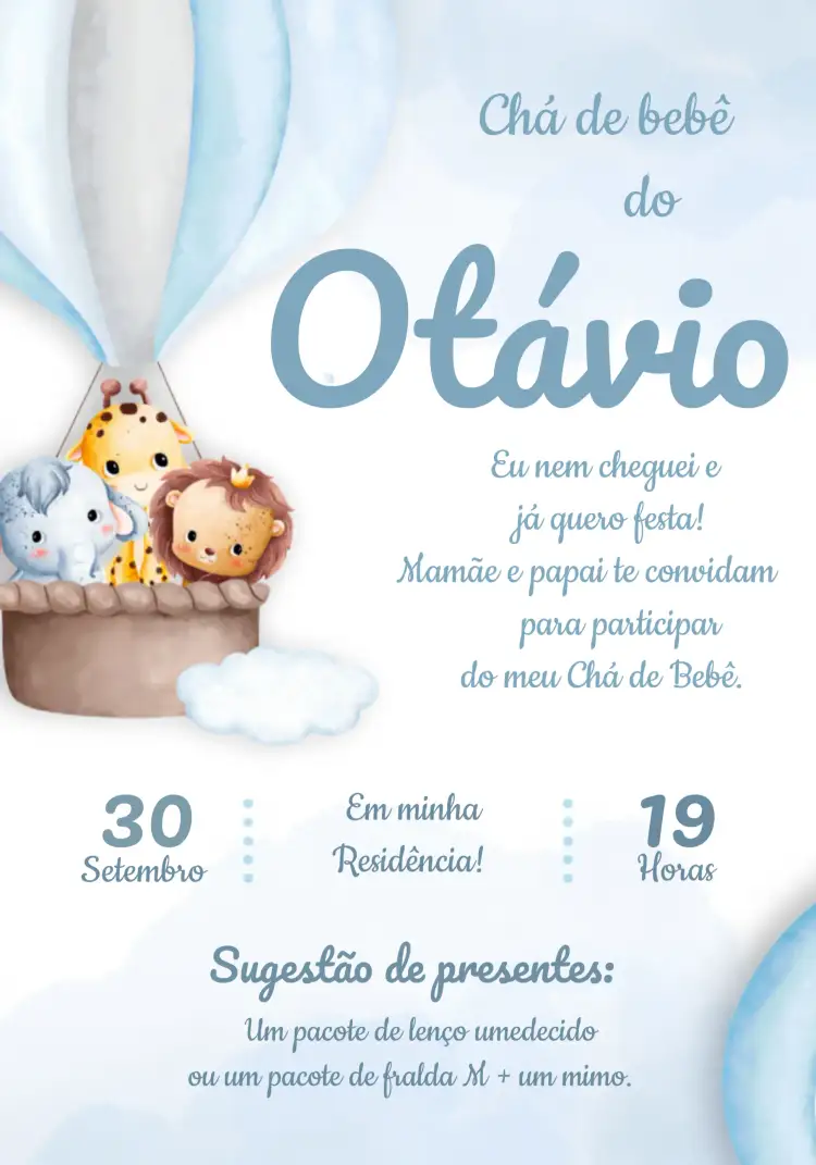 Convite Chá De Bebê Safari Animais – tema Mais pesquisados safari, animais, azul e marrom, divertido, colorido, infantil