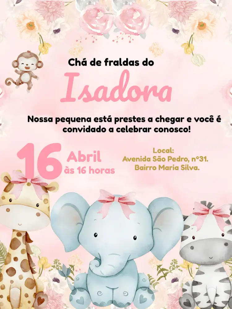 Convite Chá De Bebê Safari Bebe – tema Mais pesquisados safari, floral, delicado, colorido, divertido, moderno