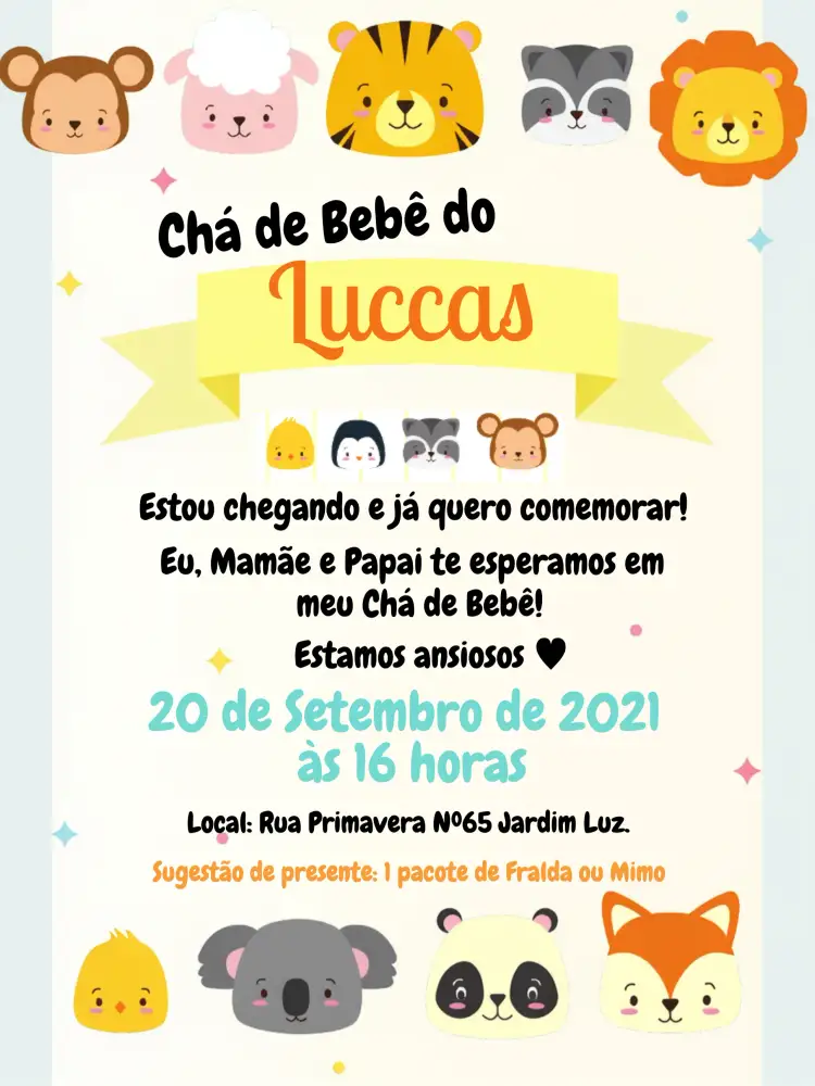 Convite Chá De Bebê Safari Colorido – tema Chá de Fraldas colorido, safari, animais, divertido, tropical, infantil