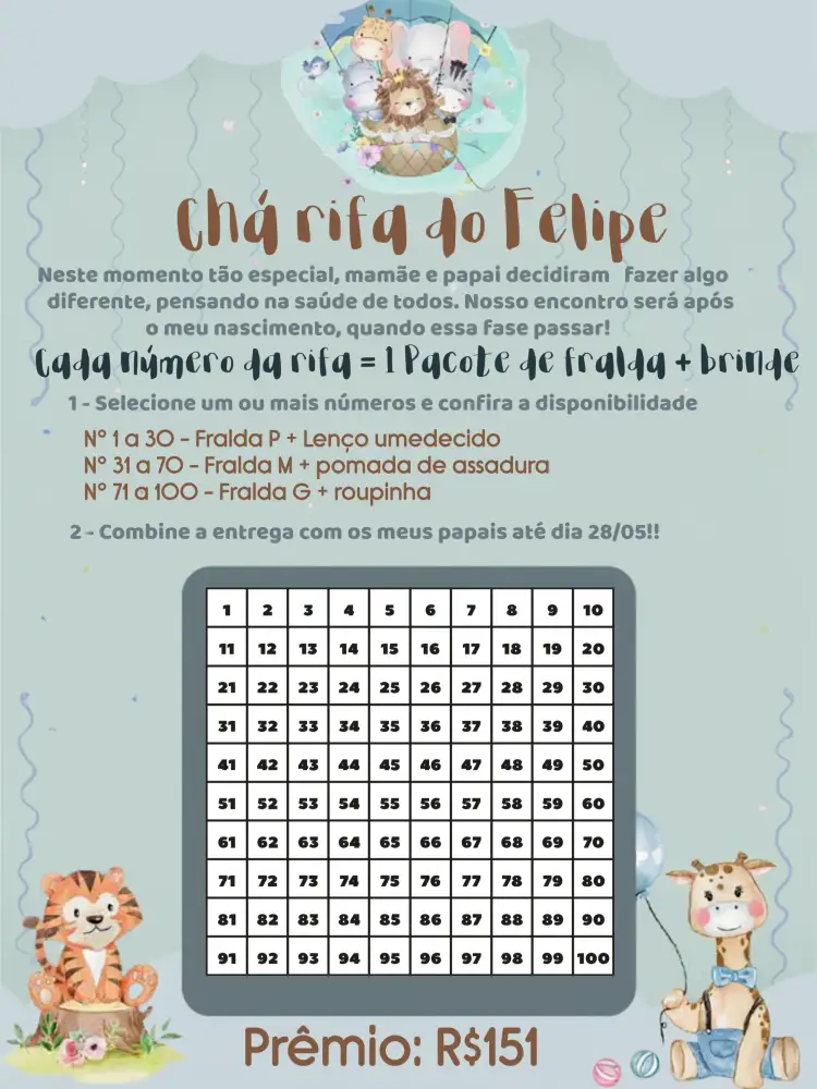 Convite Chá De Bebê Safari Fraldas – tema Chá de Panela safári, animais, azul e cinza, divertido, colorido, infantil