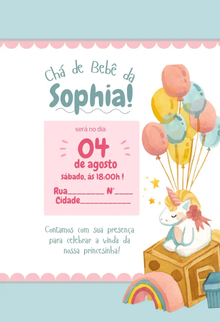 Convite Chá de bebe - Unicórnio – tema Chá de Fraldas cores pastel, estilo lúdico, ilustrações de unicórnio, detalhes brilhantes, elementos mágicos, design moderno