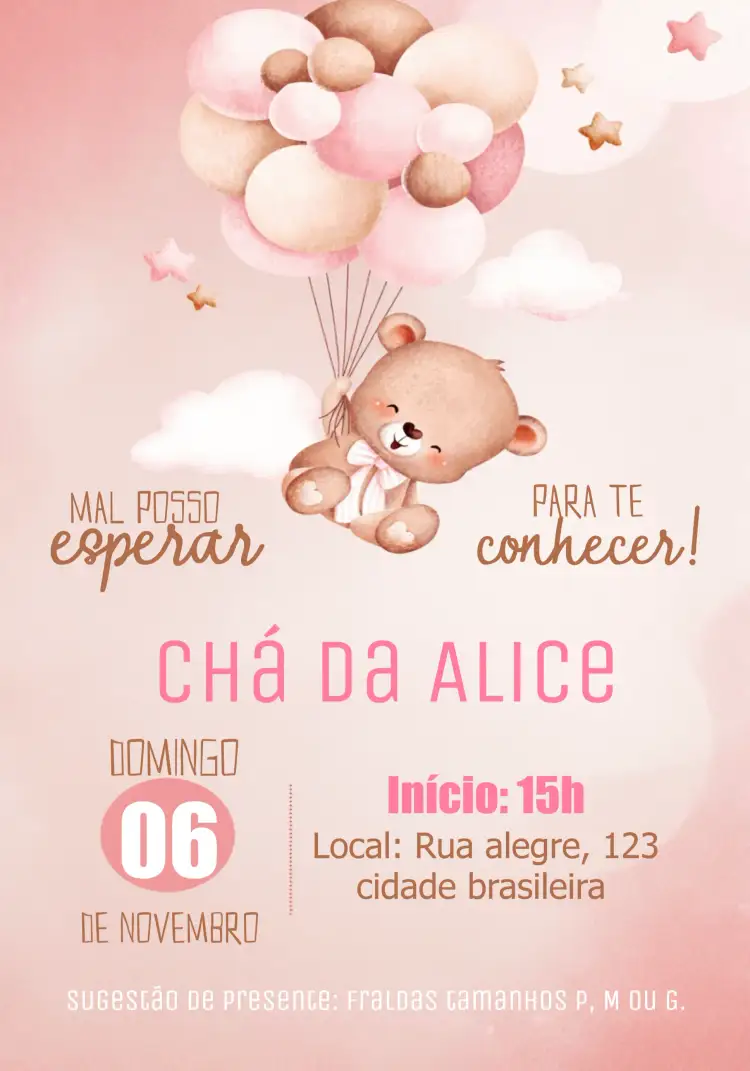 Convite Chá De Bebê Ursinha Baloeira Nuvem – tema Mais pesquisados cores suaves, estilo infantil, ilustrações fofas, design alegre, tema nuvens, detalhes em rosa e marrom