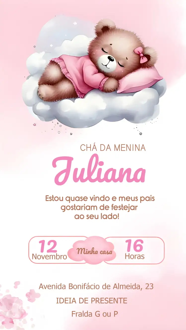 Convite Chá De Bebê Ursinha Céu – tema Chá de Fraldas rosa, delicado, lúdico, infantil, suave