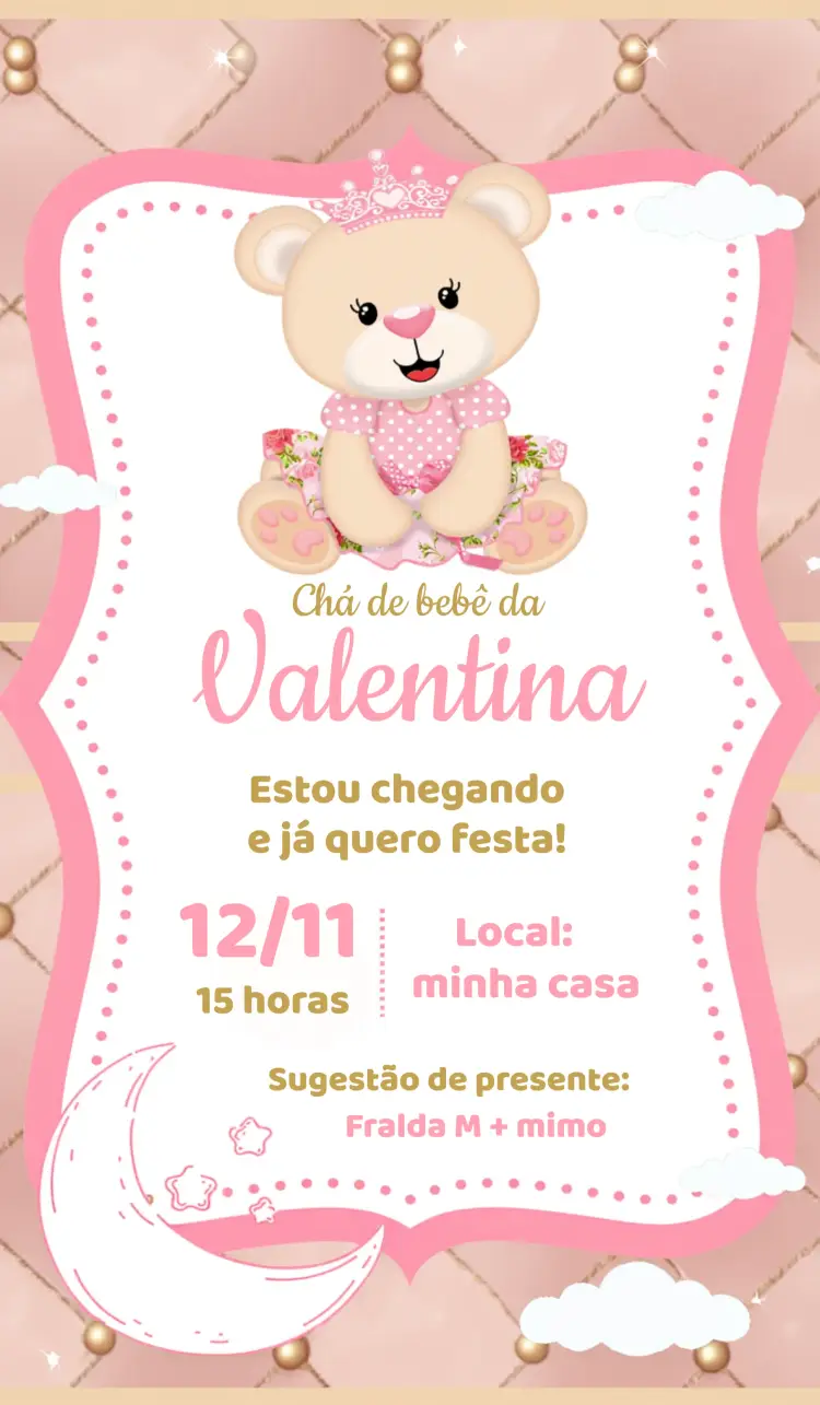 Convite Chá De Bebê Ursinha Princesa