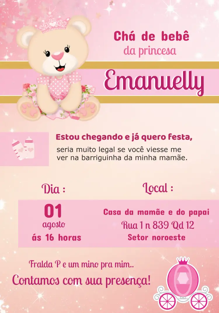 Convite Chá De Bebê Ursinha Princesa – tema Mais pesquisados cores suaves, estilo infantil, elementos gráficos de conto de fadas, toques de realeza, design delicado, motivos de ursinha