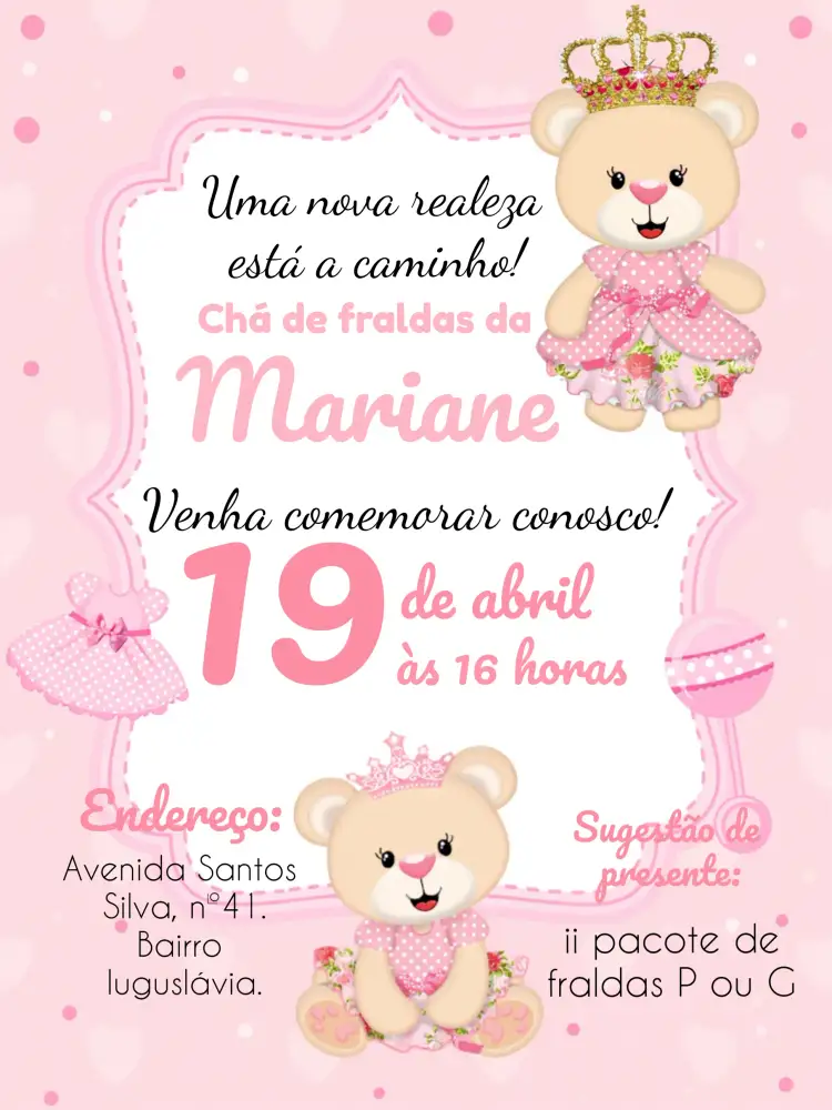 Convite Chá De Bebê Ursinha Princesa Cha – tema Mais pesquisados rosa, branco, realeza, ursinha, coroa, castelo
