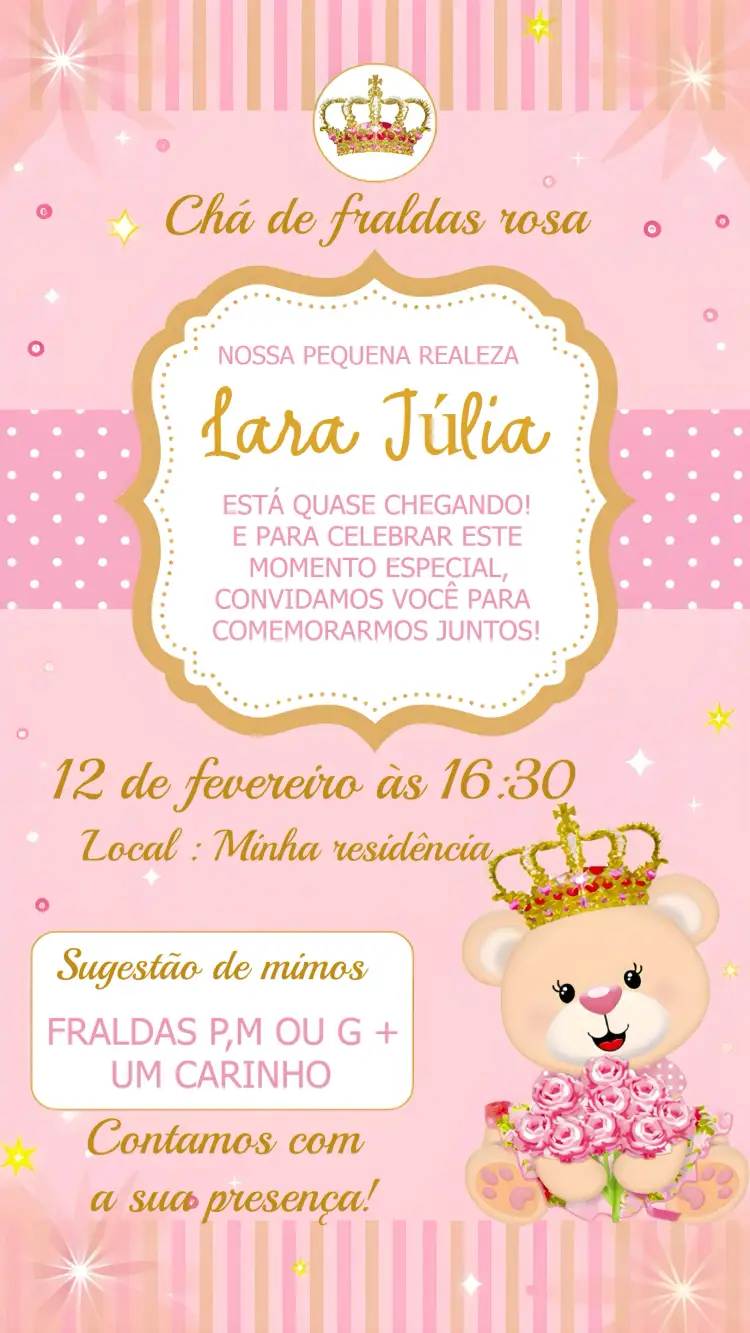 Convite Chá De Bebê Ursinha Princesa Coroa – tema Mais pesquisados rosa, dourado, princesa, ursinha, infantil, realeza