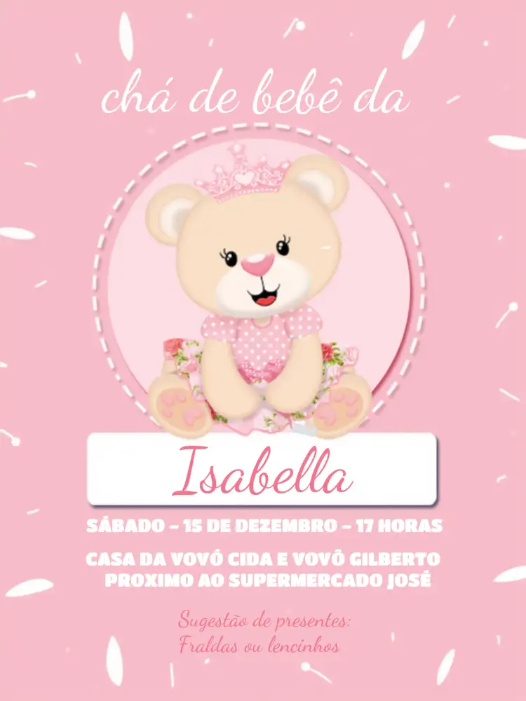 Convite Chá De Bebê Ursinha Princesa Rosa – tema Chá Revelação rosa, branco, ursinhas, princesa, delicado, infantil