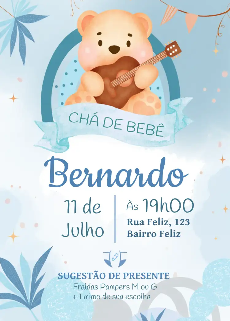 Convite Chá De Bebê Ursinho Aquarela Fraldas – tema Chá de Fraldas aquarela, ursinho, azul, delicado, infantil