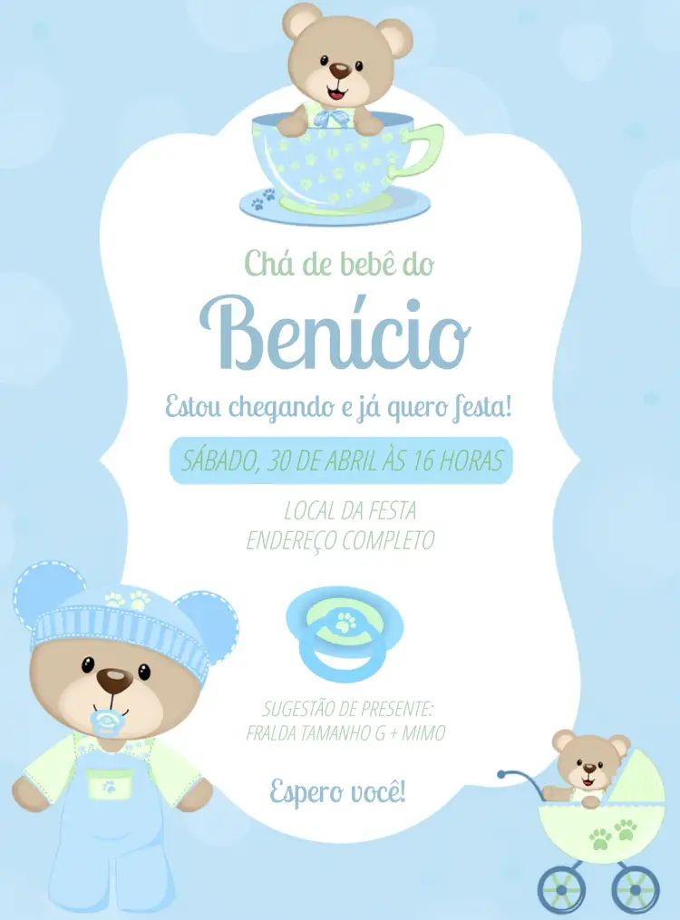 Convite Chá De Bebê Ursinho Azul