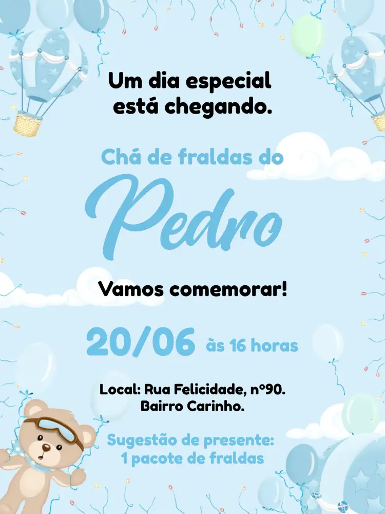 Convite Chá De Bebê Ursinho Baloeiro Branco