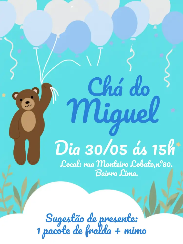 Convite Chá De Bebê Ursinho Baloeiro – tema Chá de Fraldas azul e branco, ursinhos, balões, divertido, infantil, lúdico