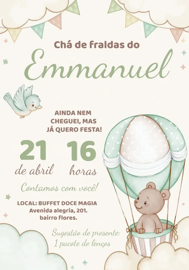 Convite Chá De Bebê Ursinho Baloeiro Verde