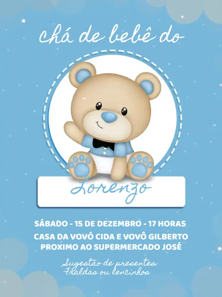 Convite Chá De Bebê Ursinho Branco – tema Chá Revelação azul e branco, ursinhos, fofo, delicado, moderno