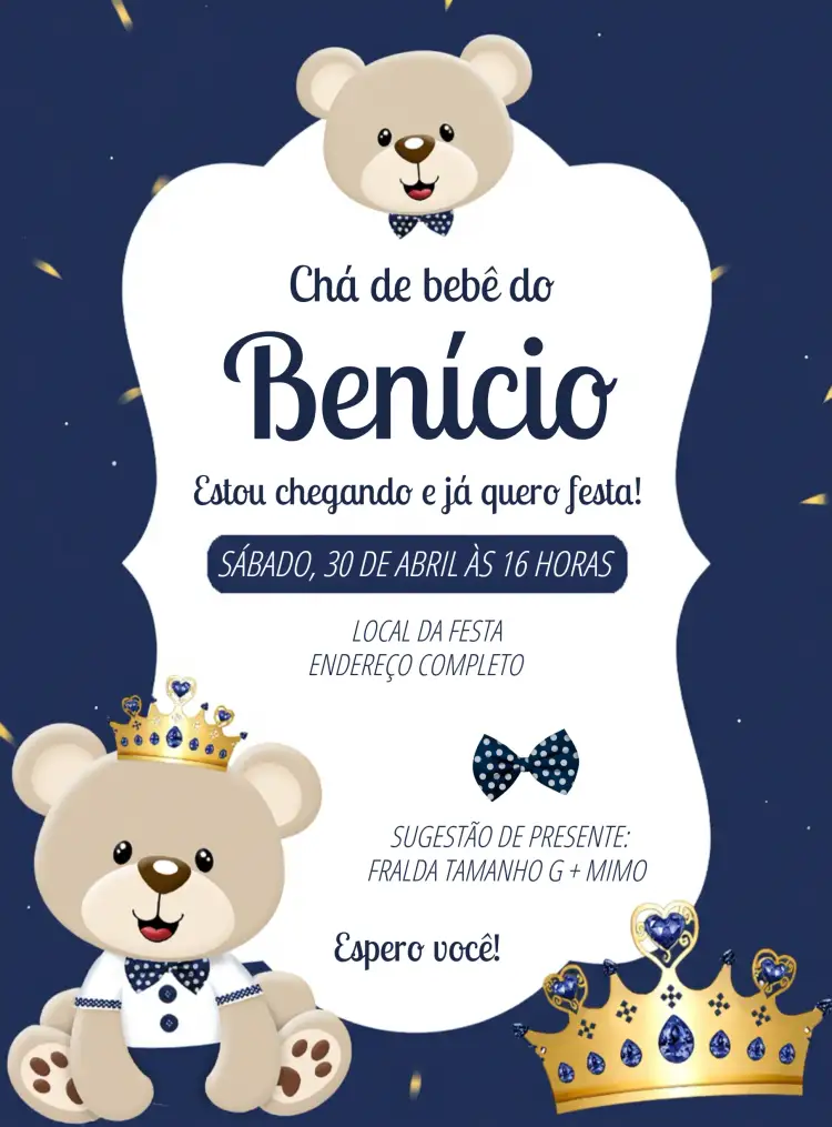 Convite Chá De Bebê Ursinho Príncipe Azul – tema Mais pesquisados azul, dourado, ursinho, realeza, fofo, infantil