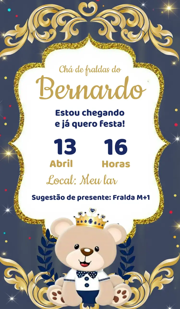 Convite Chá De Bebê Ursinho Príncipe Azul E Doourado Fraldas