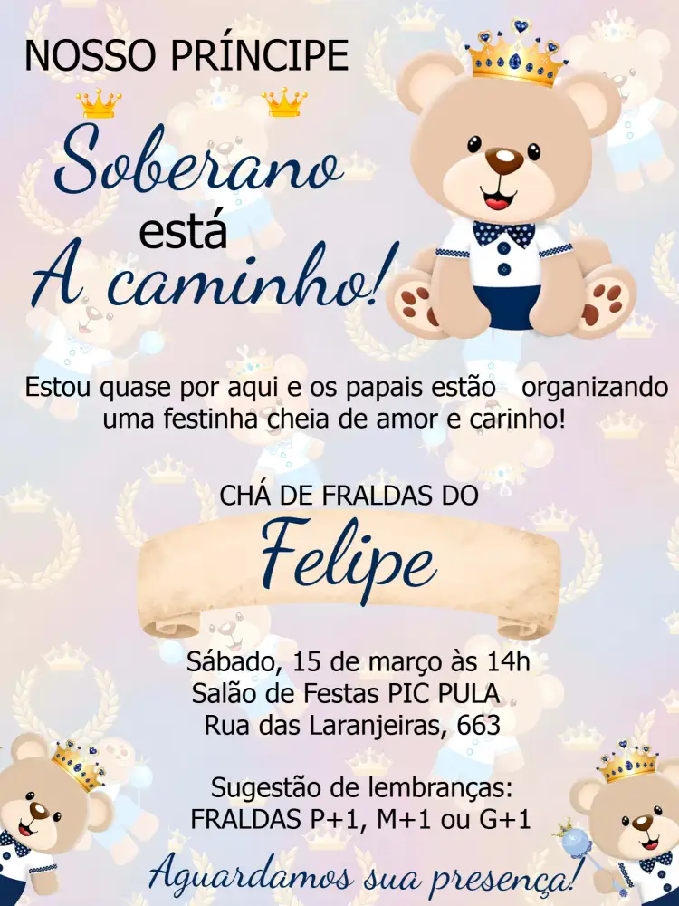 Convite Chá De Bebê Ursinho Príncipe Cha – tema Chá Revelação azul, amarelo, preto, moderno, infantil, coroas