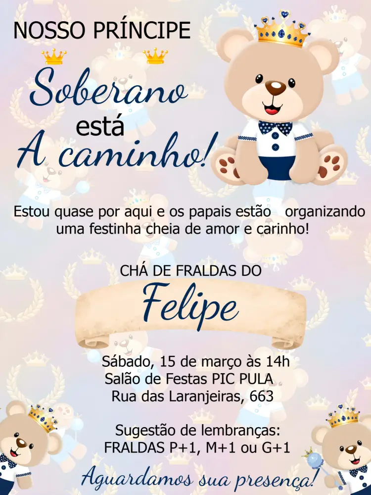Convite Chá De Bebê Ursinho Príncipe Cha