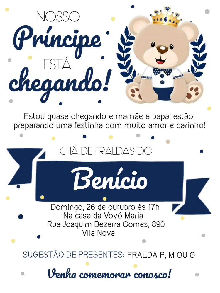 Convite Chá De Bebê Ursinho Príncipe Fraldas – tema Mais pesquisados ursinho, azul marinho, amarelo, branco, bege, bolinhas
