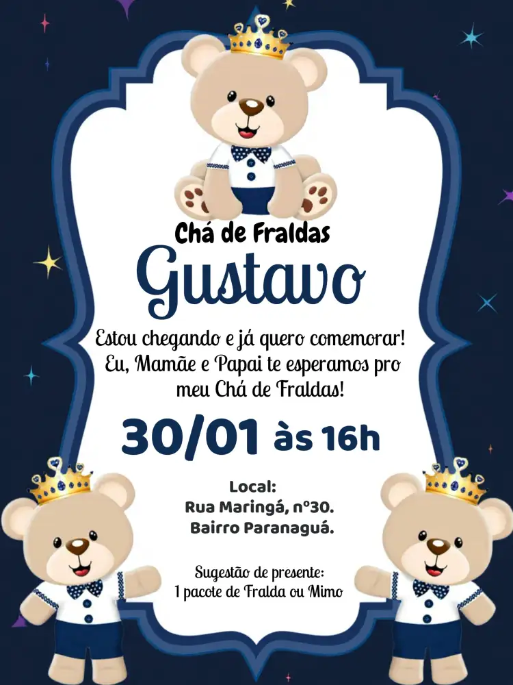 Convite Chá De Bebê Ursinho Principe Mimo – tema Mais pesquisados azul, branco, preto, ursinho, realeza, moderno