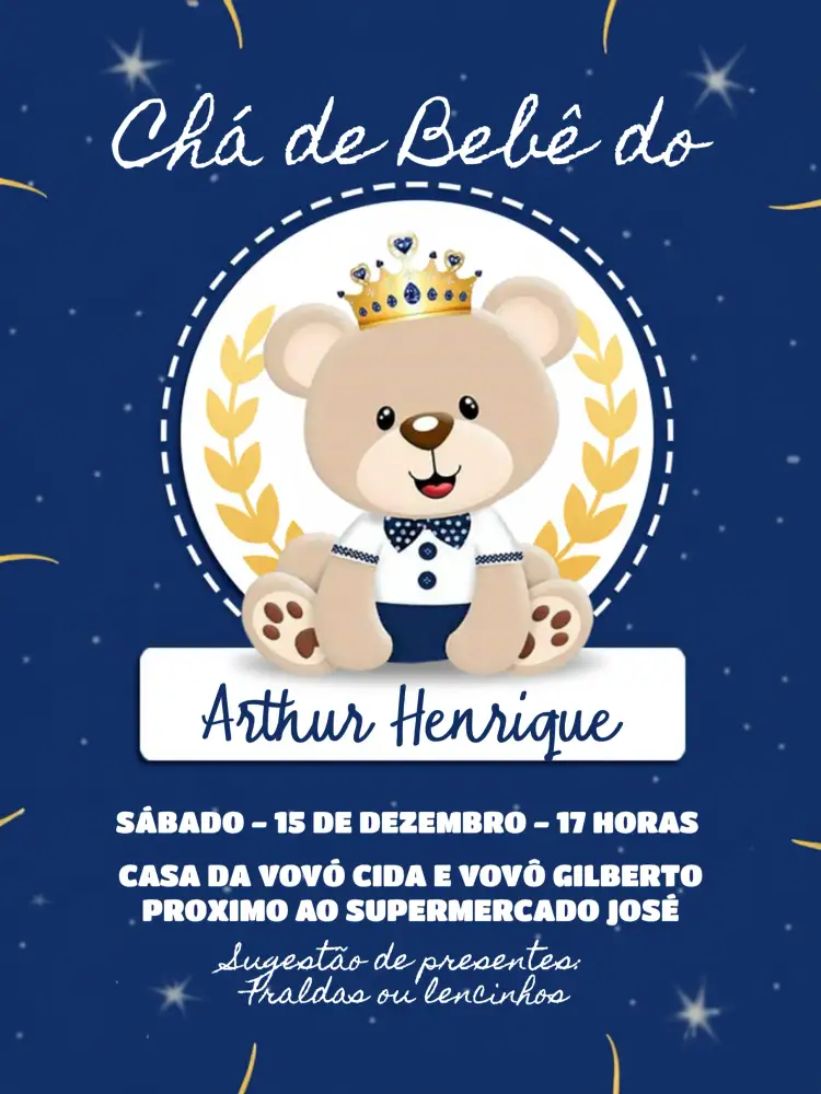 Convite Chá De Bebê Ursinho Príncipe Principe – tema Chá de Panela azul marinho, dourado, ursinho, coroa, minimalista, encantador