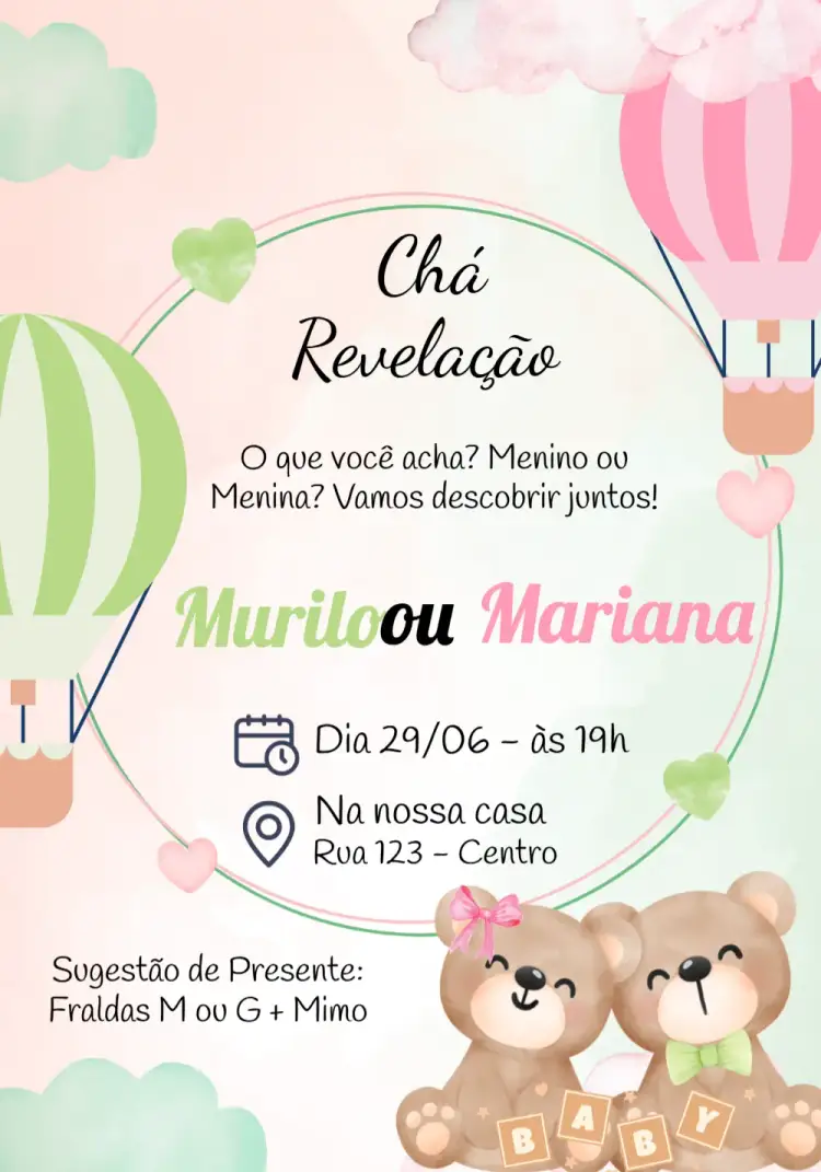 Convite Chá De Bebê Ursinhos Fraldas – tema Chá Revelação aquarela, delicado, fofo, colorido, moderno, infantil
