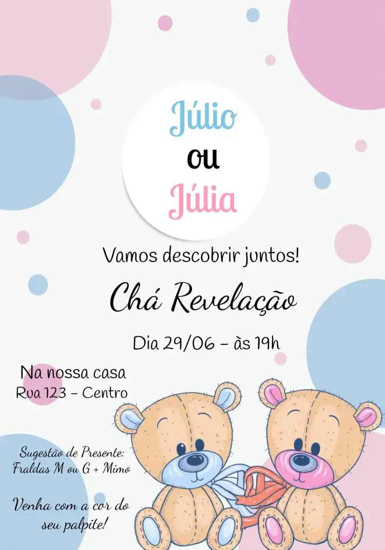 Convite Chá De Bebê Ursinhos Rosa E Azul Aquarela