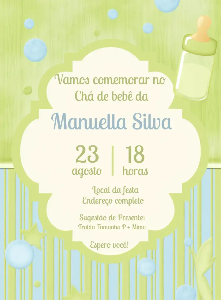 Convite Chá De Bebê Verde – tema Chá de Fraldas verde, minimalista, moderno, natural, suave, elegante