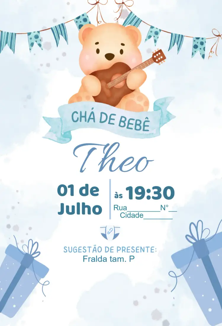 Convite Chá de bebe - violão – tema Chá de Fraldas musical, infantil, colorido, divertido, elegante, moderno