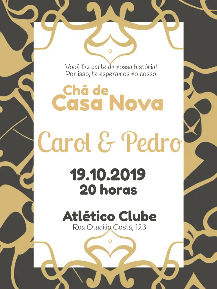 Convite Chá De Casa Nova Arabescos Casamento – tema Chá de Panela dourado, preto e branco, arabescos, moderno, elegante