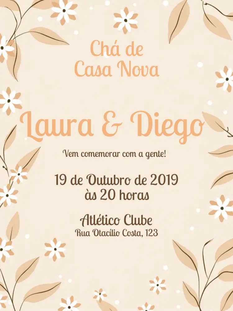 Convite Chá De Casa Nova Casamento – tema Chá de Panela floral, delicado, moderno, salmão, bege, branco