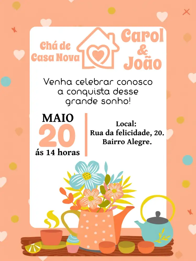 Convite Chá De Casa Nova Corações – tema Chá de Panela romântico, acolhedor, colorido, moderno, boho, minimalista